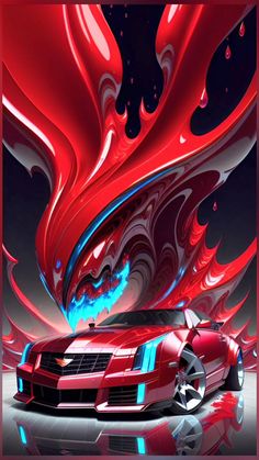 a red sports car in front of an abstract background