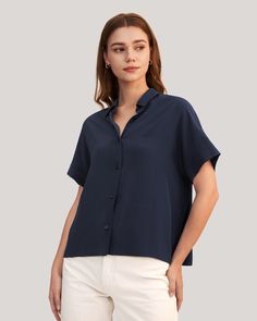 A favorite, refreshed. The Boxy Fit Short Sleeve Shirt has a classic collar, a clean button front, oversized grown-on sleeves, and a relaxed boxy fit. Dress it up with trousers and heels, or down with your favorite jeans for a casual-yet-polished look. Worn either way, you’re guaranteed to not only look great but feel relaxed and comfortable. Silk Pajamas Women, Silk Clothes, Shirt Blouses Women's, Silk T Shirt, Camisole Set, Silk Knit, Silk Crepe, Silk Shirt, Pajamas Women