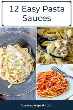 four different pasta sauces with text overlay that reads 12 easy pasta sauces