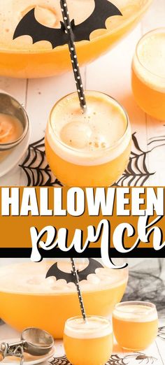 halloween punch in glasses with bats on the rim and text overlay that reads, halloween punch