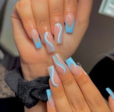 Blue Poly Gel Nails Design, Bday Nails For 13, Nails To Go With A Light Blue Dress, Light Blue Nails Birthday, Blue Nails With Letter, White And Blue Acrylics, Lanzarote Nails, 17 Birthday Nails Ideas, Nice Acrylic Nails