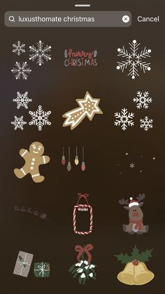 christmas stickers are displayed on the screen, with snowflakes and other decorations