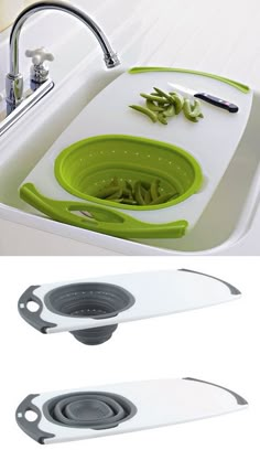 kitchen sink drainer with cutting board and strainer for draining vegetables in the sink