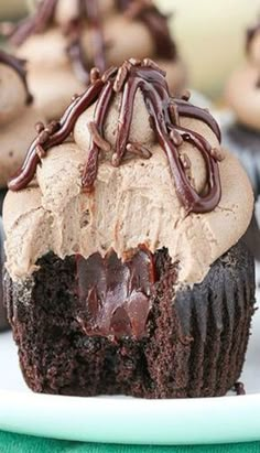 chocolate cupcakes with frosting and sprinkles on a white plate