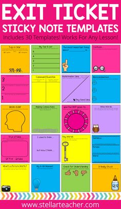 an exit ticket with the words sticky note templates in pink, yellow and blue