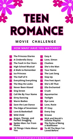 the teen romance movie challenge is shown in pink and white with flowers on it, as well