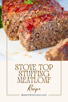 A close-up on sliced Stove Top stuffing meatloaf with sticky red glaze and text underneath. Stovetop Meatloaf, Stovetop Stuffing Meatloaf, Stove Top Stuffing Meatloaf Recipes, Holiday Prime Rib Roast, Stuffing Dinner, Loaf Ideas, Meatloaf Balls, Stove Top Meatloaf