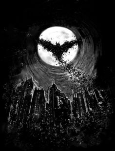 the dark knight rises movie poster with batman flying over city skylines in front of a full moon