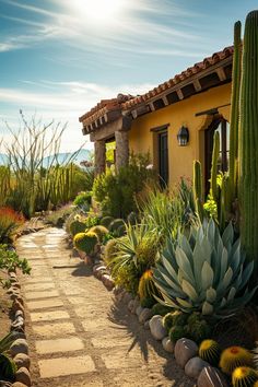 a house with cactus and succulents in the front yard