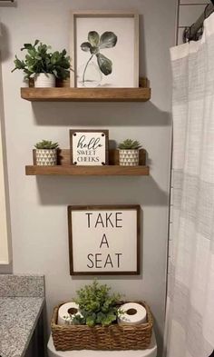 a bathroom with two shelves above the toilet and some plants on top of the shelf