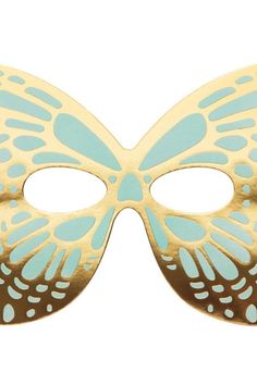 a blue and gold butterfly mask on a white background