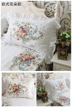 four different pictures of pillows and blankets on a bed with white linens, one has flowers