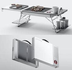 two different views of the same table with food on it and an open grill in front