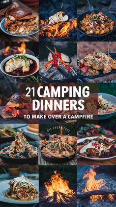 the cover of 21 camping dinners to make over a campfire, with pictures of food and fire