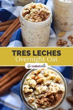 two jars filled with overnight oatmeal sitting on top of a blue and white towel