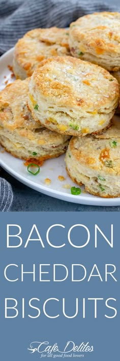 bacon and cheddar biscuits on a white plate with the title above it in blue