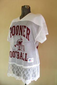 White Spooners Football Jersey V-neck White Lace Trim Size: L-XL Diy Jersey Shirt Football, Upcycle Jersey Ideas, Jersey Upcycle, White Tshirt Upcycle Ideas, Upcycled College Shirts, Upcycled Football Jersey, Football Jersey Dress, Recycle Old Clothes, What Should I Wear Today