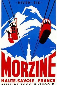 an old poster advertising a ski lift ride in the mountains, with two people on it