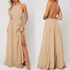 two images of a woman wearing a tan dress with one side slit and the other side split