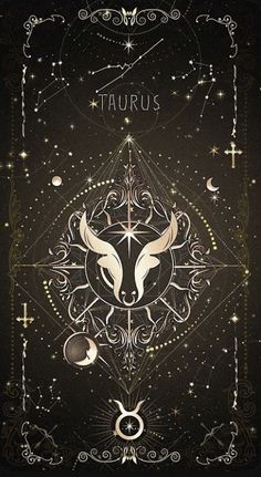 the zodiac sign taurus is surrounded by stars and celestial symbols on a black background