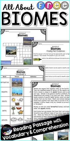 an all about biomes worksheet with pictures and text