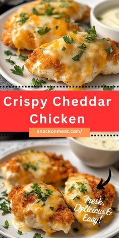 crispy cheddar chicken on a white plate with ranch sauce and parsley