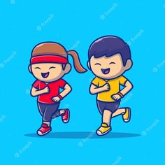 two children are running together on a blue background