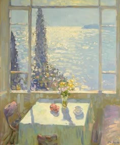 an oil painting of a table and chairs in front of a window overlooking the water