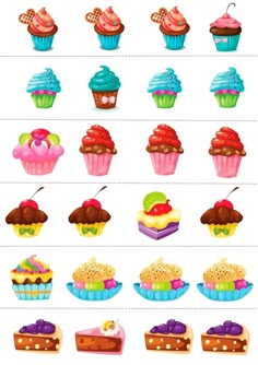 an image of cupcakes with different toppings on them, all in different shapes and sizes