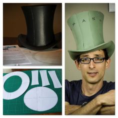 a man wearing a top hat and glasses next to cut out paper hats on a table