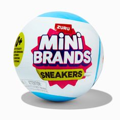 a white and blue ball with the words'mini brands'on it, sitting in front of a white background