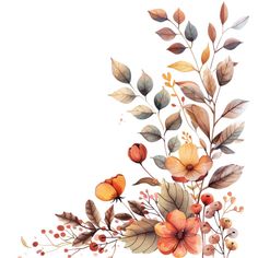 a painting of flowers and leaves on a white background