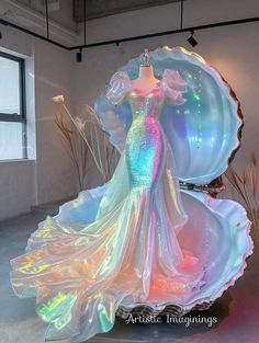 Jellyfish Wedding Dress, Board Walk Outfit, Dark Mermaid Outfit, Mermaid Dress Aesthetic, Iridescent Wedding Dress, Holographic Dress, Iridescent Dress, 파티 드레스, Fashion Drawing Dresses