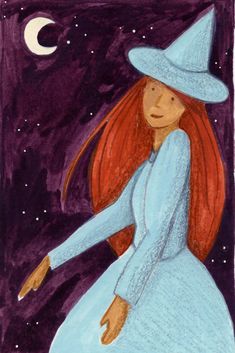 a drawing of a girl in a blue dress and hat with stars on the background