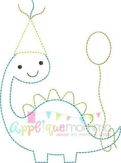 a cute little dinosaur with a party hat on it's head and balloon in the air