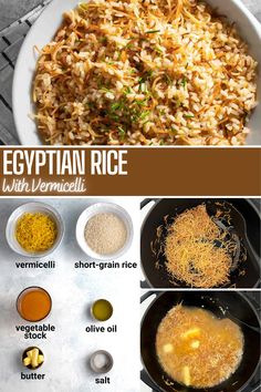 Egyptian rice in a white bowl with two cups of tea in glass mugs. Rice And Vermicelli Recipes, Egyptian Rice Recipes, Egyptian Rice, Vermicelli Rice, Egyptian Recipes, Vermicelli Recipes, Vegan Recipes Plant Based, Egyptian Food