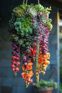 an assortment of succulents hanging from a rope