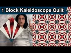 a woman is holding up a red and white fan in front of a wall with the words block kaleidoscope quilt on it