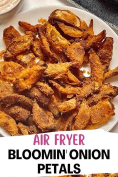 air fryer bloomm onion petals on a white plate with text overlay