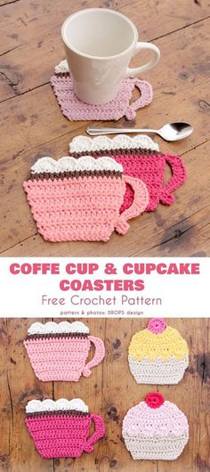 coffee cup and cupcake coasters with crochet pattern