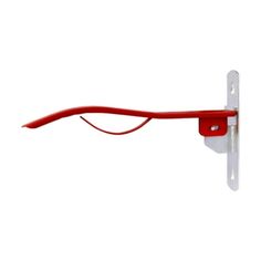 a red and white wall mounted hook on the side of a door with a long handle