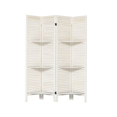 a white room divider with shutters and shelves on each side, against a white background