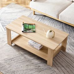 a living room with a couch, coffee table and rugs on the carpeted floor