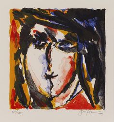 an abstract painting of a woman's face in red, yellow and blue colors