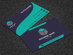 two business cards with blue and green accents on the front, one has a logo