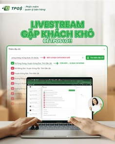 a person typing on a laptop with the caption live stream gap khach kio