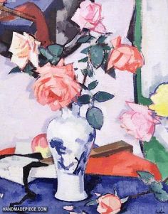 a painting of roses in a vase on a table