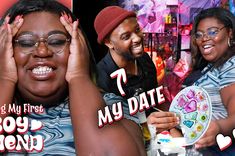 a man and woman holding up a plate with the words baby my date on it