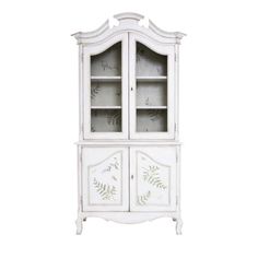 a white china cabinet with glass doors and floral designs on the front, against a white background