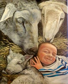 a painting of a baby and two sheep